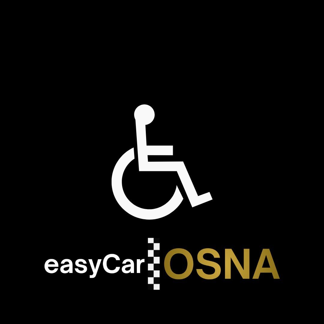 Rollstuhltransport Osnabrück Logo von easyCar OSNA mit einem Rollstuhlsymbol auf schwarzem Hintergrund.