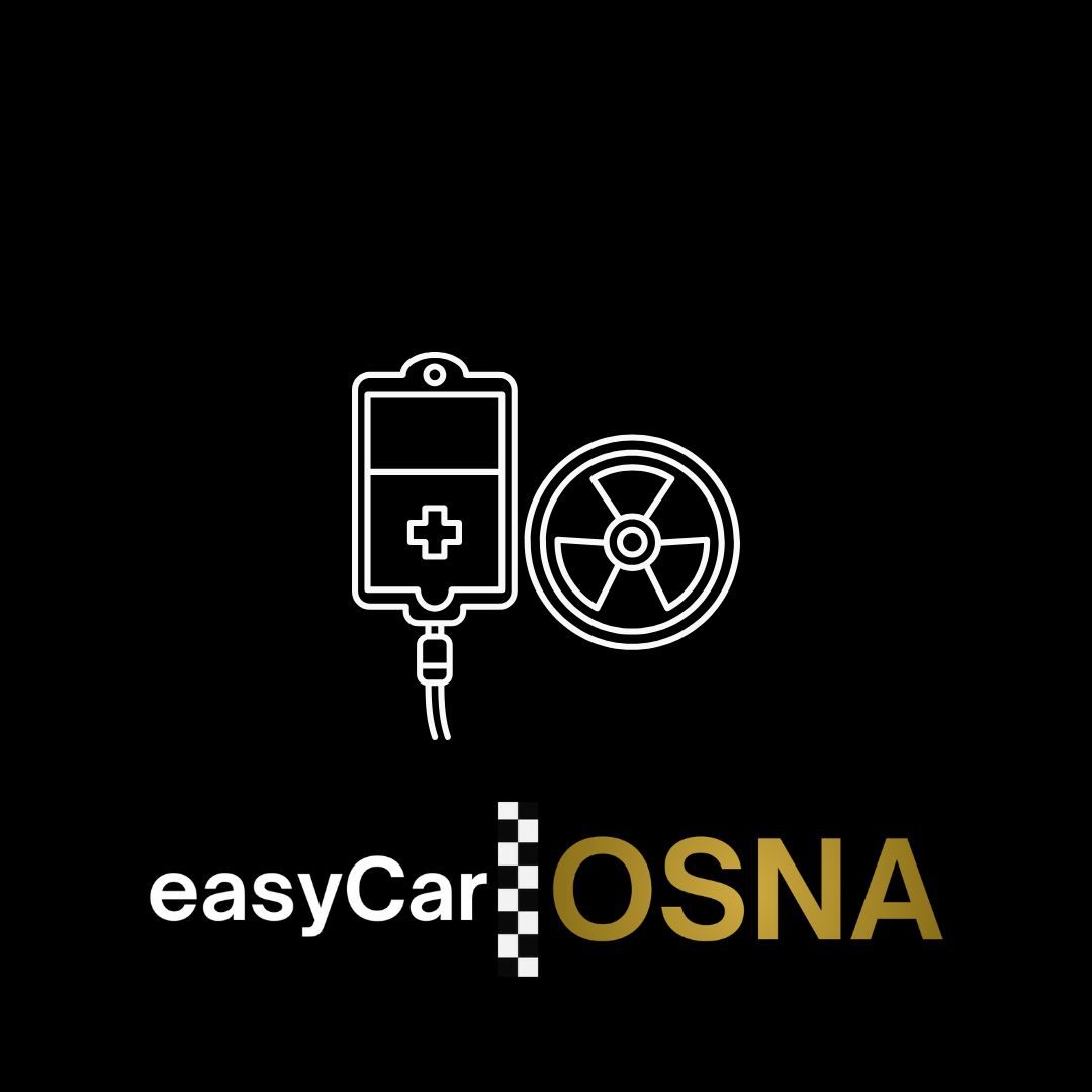 Chemotherapiefahrten Osnabrück Logo von easyCar OSNA mit medizinischer Infusion und Speichenrad.