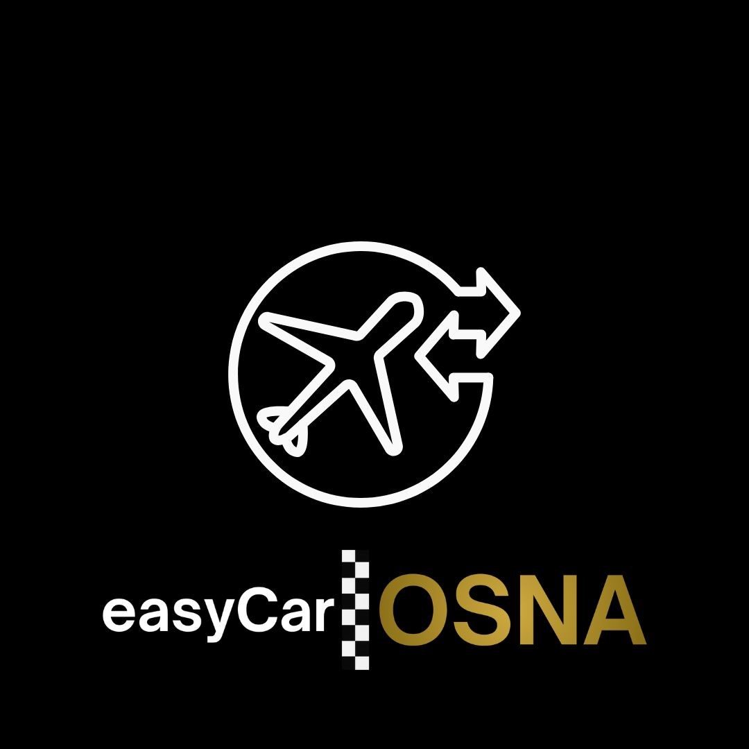 Flughafentransfer Osnabrück Logo von easyCar mit Flugzeug und Abbiegepfeilen auf schwarzem Hintergrund.