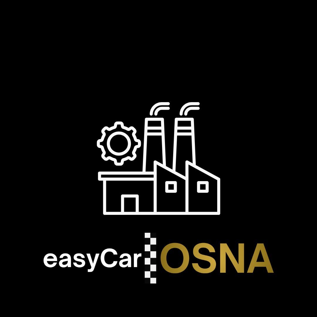 Personalshuttle Osnabrück Logo von easyCar OSNA mit Fabrikschornsteinen und Zahnrad-Symbol.