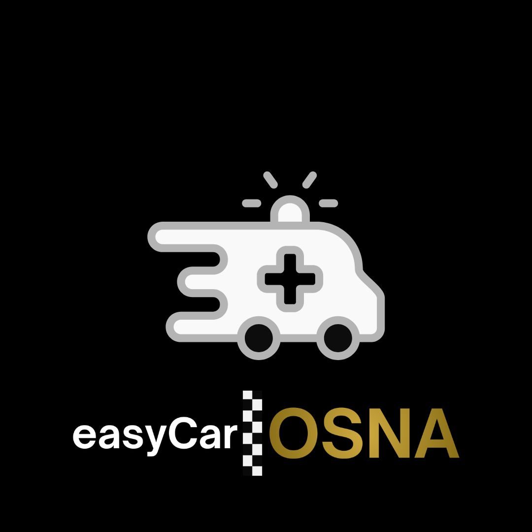 Krankenfahrten Osnabrück Logo von easyCar OSNA mit einem schnellen Rettungswagen-Symbol und einem Plus-Zeichen.